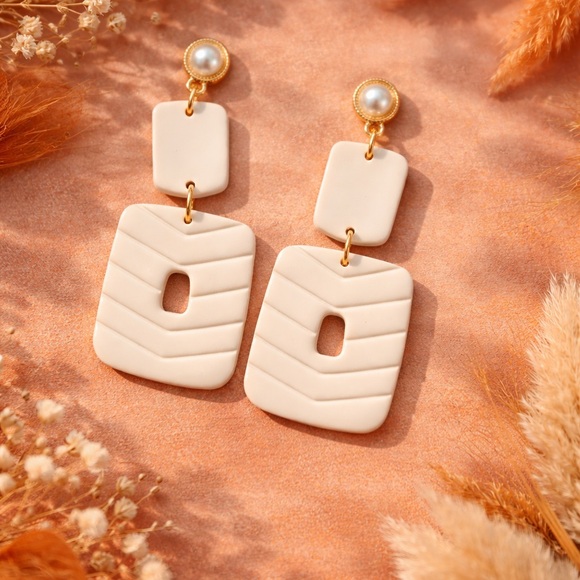 Jewelry - Pearl Top Cream Geometric Handmade Polymer Clay Dangle Earrings